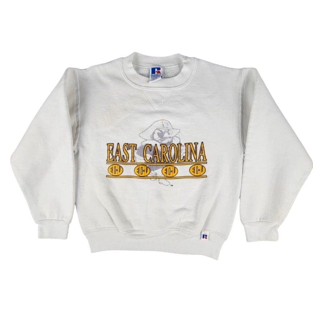 Vntg Russell Athletic Sweatshirt Youth Small White East Carolina Rev Weave USA